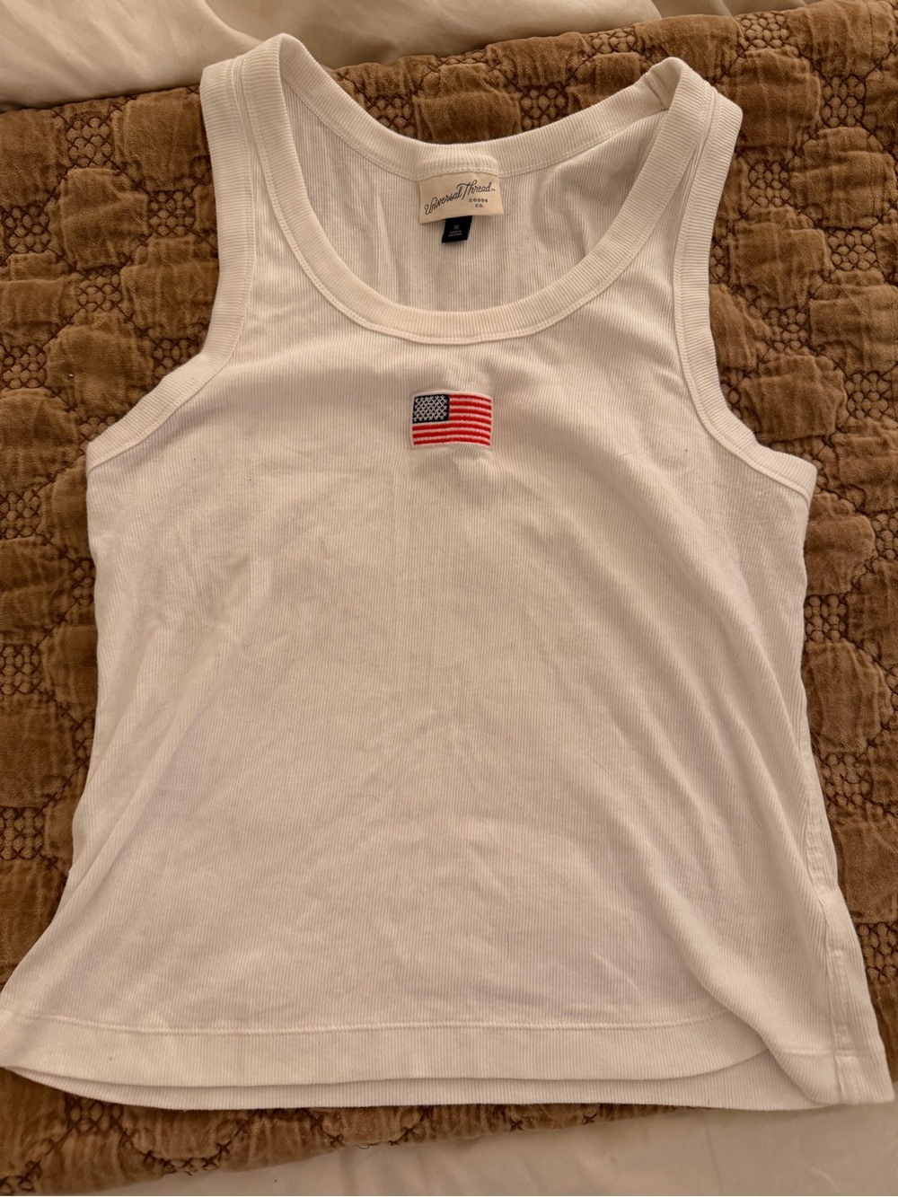 Target White Ribbed Tank Top with Embroidered American Flag